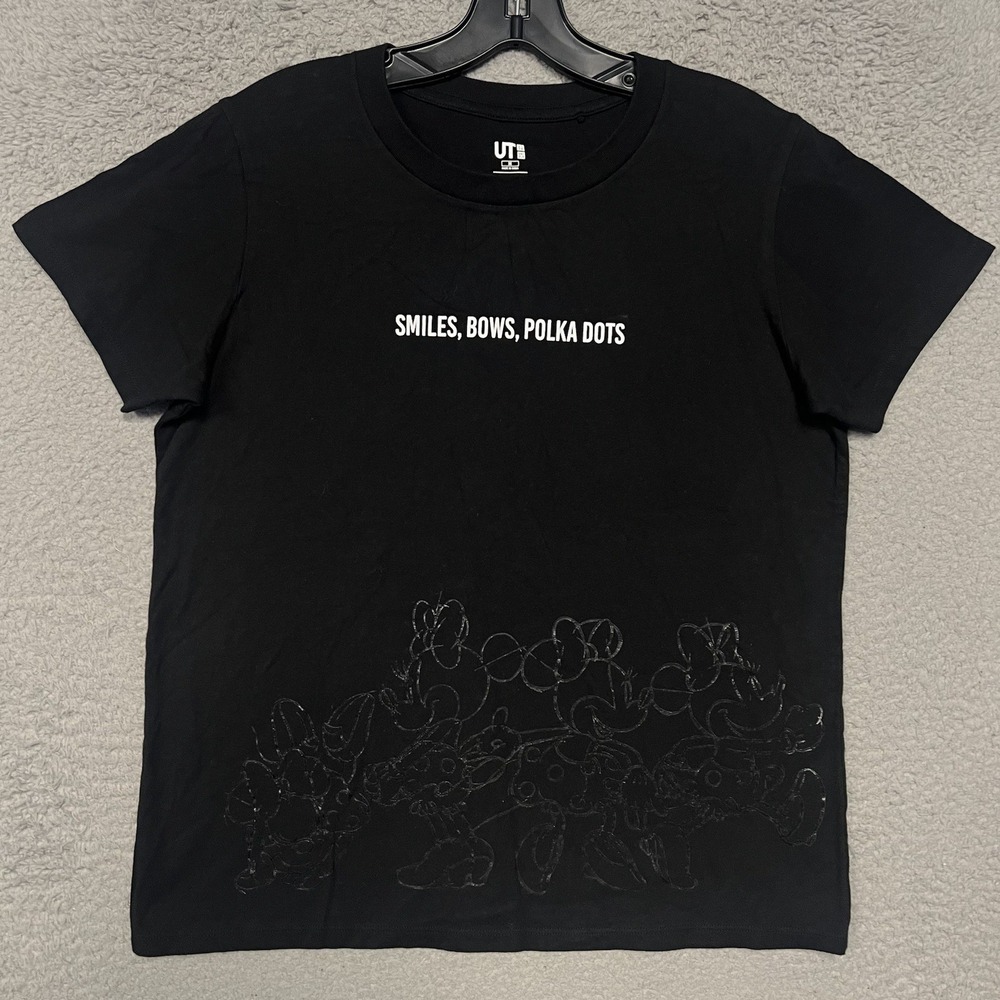 Uniqlo x Disney Metallic Minnie T Shirt Women Sz M Black Smiles Bows Polka AOP